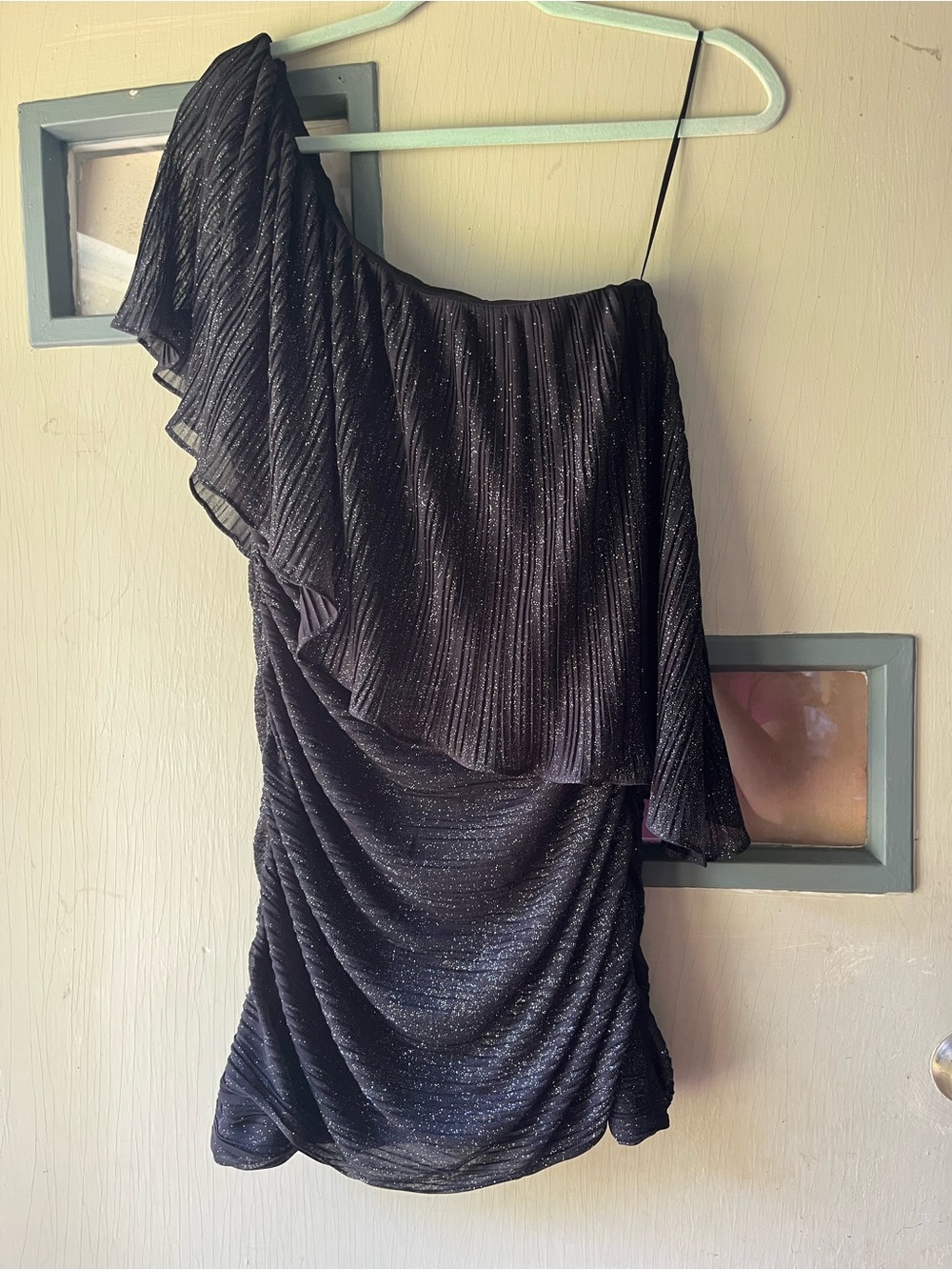 Night Way Collections One-Shoulder Black Sparkle Ruffle Dress